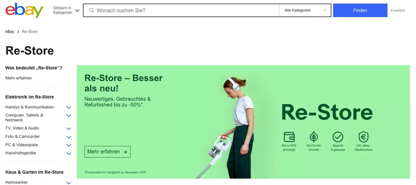 Der Re-Store von Ebay soll sich mit geprüfter Gebrauchtware vom restlichen Sortiment abheben.