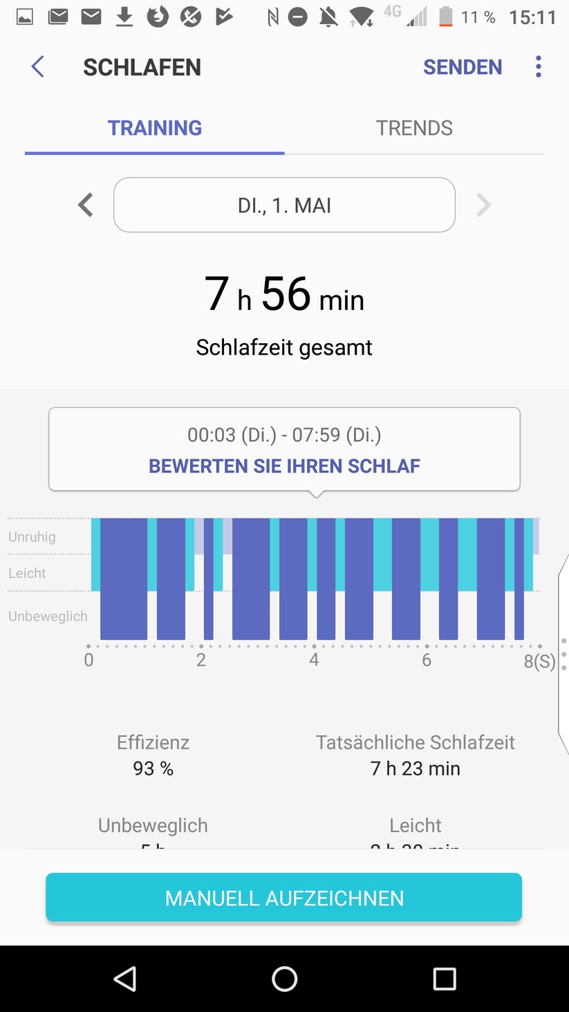 Die Schlafüberwachung mit der Gear Fit 2 Pro in Samsung Health. 