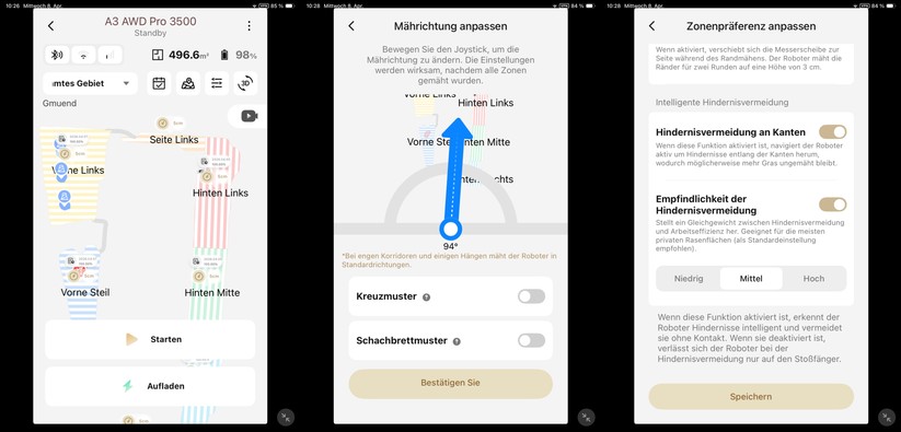 Durch eine Aufteilung in Zonen lassen sich Mähparameter wie die Mährichtung gezielt konfigurieren, sodass der Mähroboter mit möglichst wenigen Wendemanövern effizient arbeitet. Sinnvoll ist das jedoch nicht in jedem Fall: In steilem Gelände (im Beispiel „Vorne Steil“) wäre die optimale Mährichtung quer zur Hangneigung. Hier können der A3 wie auch andere Mähroboter die Spur allerdings nicht halten und müssen wiederholt korrigieren – was vor allem bei nassem Untergrund Schäden am Rasen verursacht.