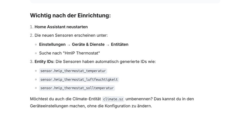 Eine Integration des Homematic IP Glas-Wandthermostats in Home Assistant ist möglich, bietet allerdings nicht sehr viele Funktionen, sodass manuelle Anpassungen nötig sind. Dank KI-Tools hält sich der Aufwand dafür allerdings in Grenzen.