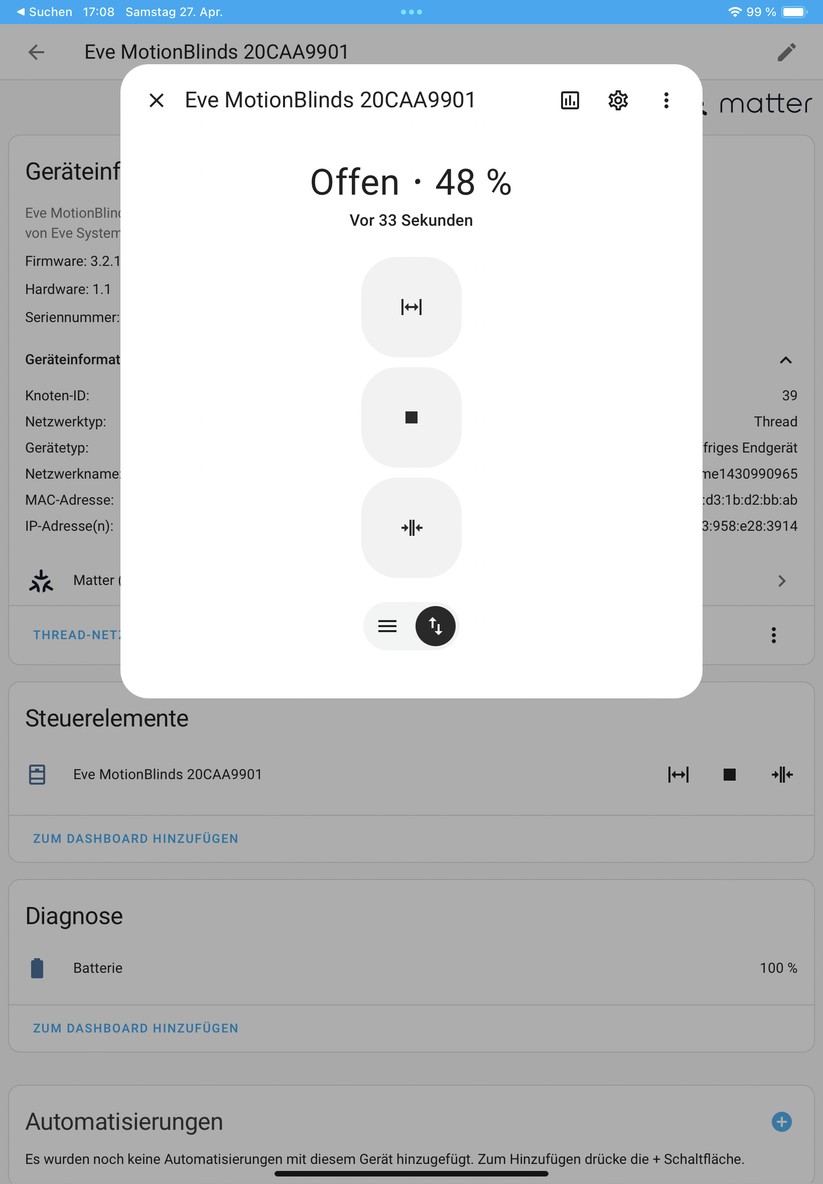 Eve Blinds Collection: Über Apple Home verbinden wir per Matter das Rollo auch mit Home Assistant. Damit lassen sich smarte Automatisierungen, etwa auf Basis eines Helligkeitssensors erstellen.