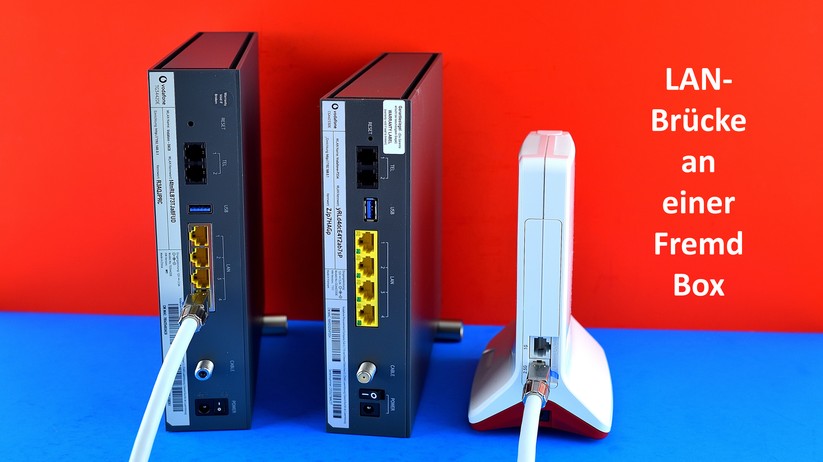 AVM Fritz Repeater 6000: Auch hinter AVM-fremden Internet-Boxen lässt sich eine LAN-Brücke mit dem Fritz Repeater 6000 herstellen. Etwa hinter einer Vodafone Station: Links die Vodafone Station von Arris, die etwas Größere. In der Mitte die Vodafone Station von Technicolor, die etwas Kleinere (Bild: Harald Karcher).
