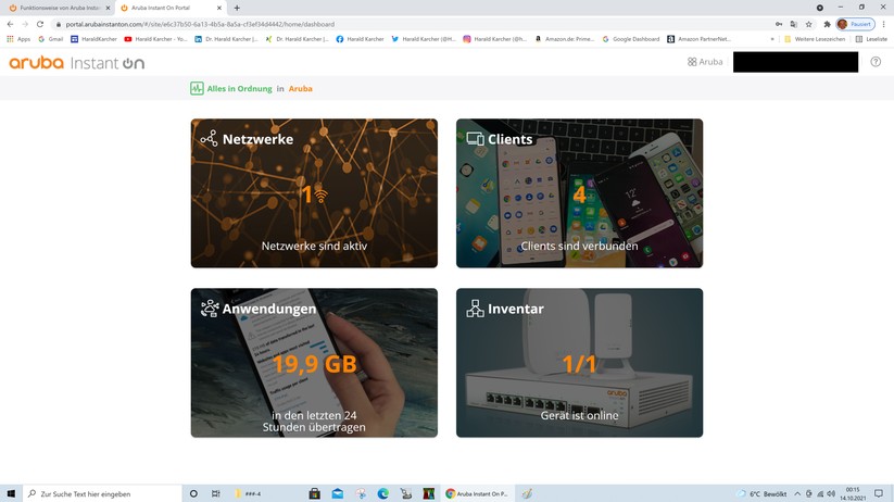 Inzwischen haben wir vier WLAN-Client-Endgeräte in das Funknetz des Aruba AP17 eingebucht. Und knapp 20 GigaByte Internet, über den AP17, hinter der Fritzbox verbraucht.