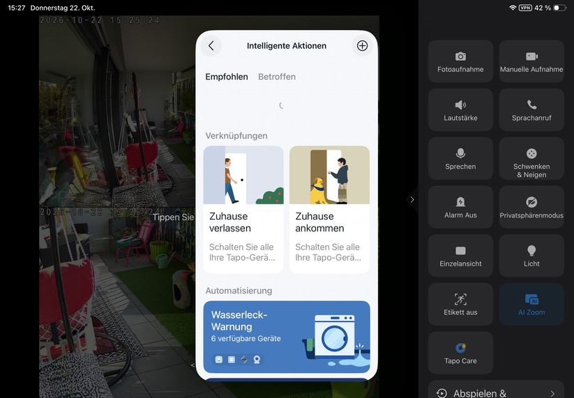 Die Tapo-App ist auch für Tablets optimiert. Sie reagiert zügig und stellt den Kamerastream nahezu verzögerungsfrei dar.