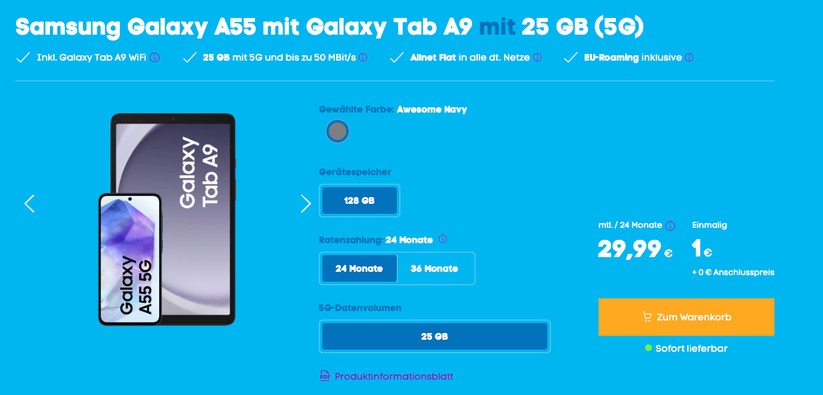 Bei Blau.de gibt es das Samsung Galaxy A55 und Galaxy Tab A9 im Tarif-Bundle