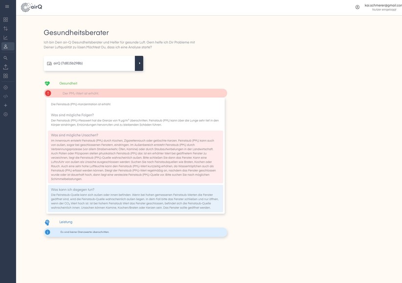 Air Q Pro: Die App zeigt nicht nur sämtliche Messwerte inklusive historischer Daten an, sondern bietet auch detaillierte Informationen zu gesundheitlichen Risiken verschiedener Luftschadstoffe.