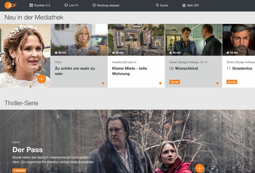 Das Design der ZDF-Mediathek entspricht einem professionellen Streaming-Dienst. (Quelle: ZDF)