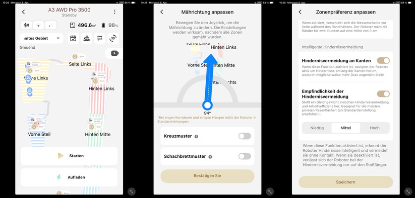 Die Dreame-App erlaubt eine Anpassung der Mähparameter wie Mährichtung pro Zone. Die optimale Mährichtung  mit wenig Wendemanövern ist aber nicht immer sinnvoll. Bei steilem Gelände (Vorne Steil) würde die optimale Mährichtung quer zur Hangneigung verlaufen. Doch bei dem steilen Gelände kann der A3 wie auch andere Mähroboter die Spur nicht halten und muss wiederholt korrigieren. Das führt speziell bei nassem Untergrund zu Schäden am Rasen.
