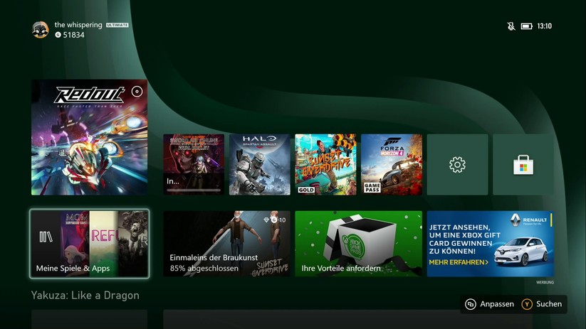 Das Hauptmenü der Xbox Series X. 