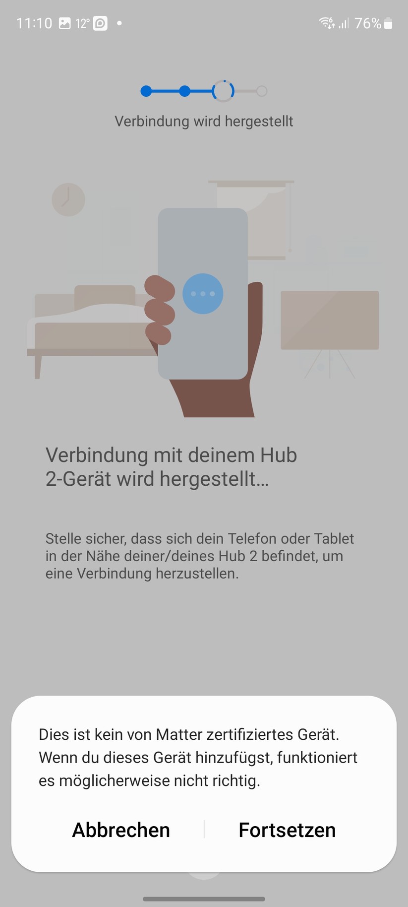 Bei der Kontaktaufnahme mit Samsung Smartthings meckert die Smartthings-App zwar über eine fehlende Matter-Zertifizierung. Trotzdem werden der Switchbot Hub2, seine Sensoren sowie die Vorhangsteuerung Switchbot Curtain in Smartthings eingebunden und können damit auch gesteuert werden.