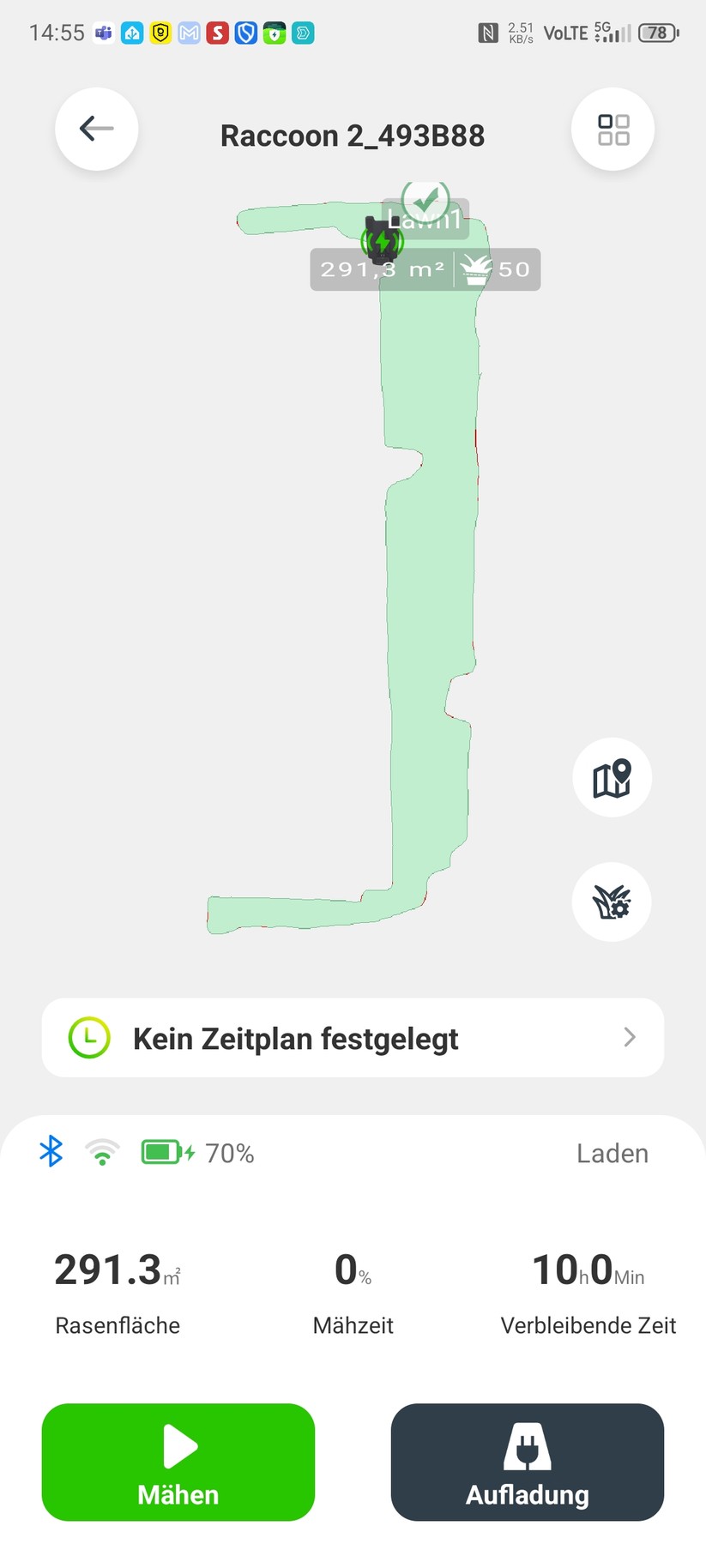 Roboup Raccoon 2 SE: Die Roboup-App liegt auf Deutsch und ist übersichtlich, sodass man den Mähroboter leicht konfigurieren und Zeitpläne erstellen kann.