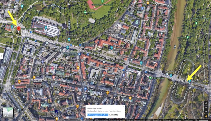 Von dort haben wir circa 1000 Meter freie Sicht bis zum Prinz-Carl-Palais-Brunnen.Nun wandern wir mit einem WiFi-6-Handy die schnurgerade Prinzregentenstraße hinab, so lange, bis der WLAN-Kontakt zum Outdoor-AP abreißt.