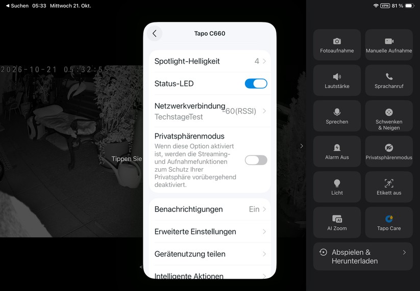 Die Tapo-App ist auch für Tablets optimiert. Sie reagiert zügig und stellt den Kamerastream nahezu verzögerungsfrei dar.