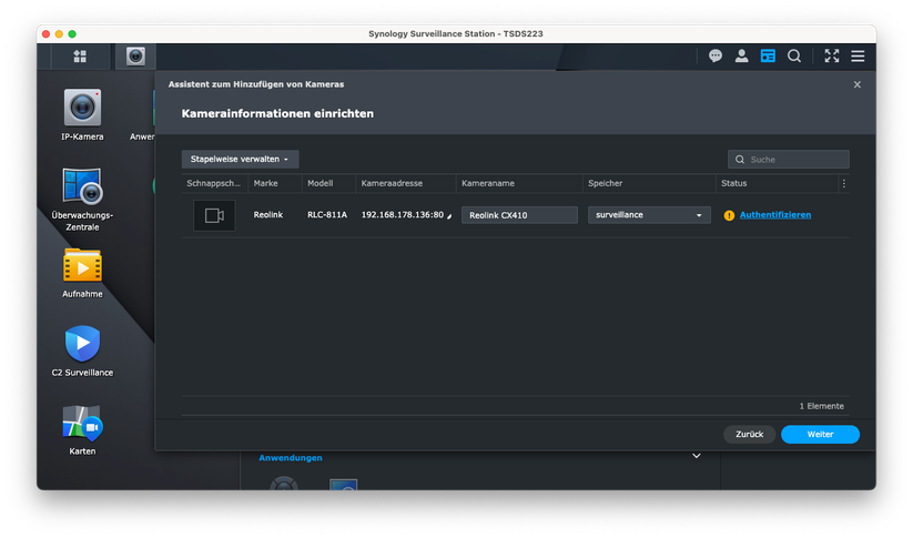 Die Reolink CX410 kann man auch mit Synology Surveillance Station betreiben. Allerdings steht ein passendes Profil noch nicht zur Auswahl. Die Integration gelingt aber auch mit einem anderen Profil. Dabei sollte man darauf achten, dass dieses in puncto Auflösung mit der CX410 übereinstimmt.