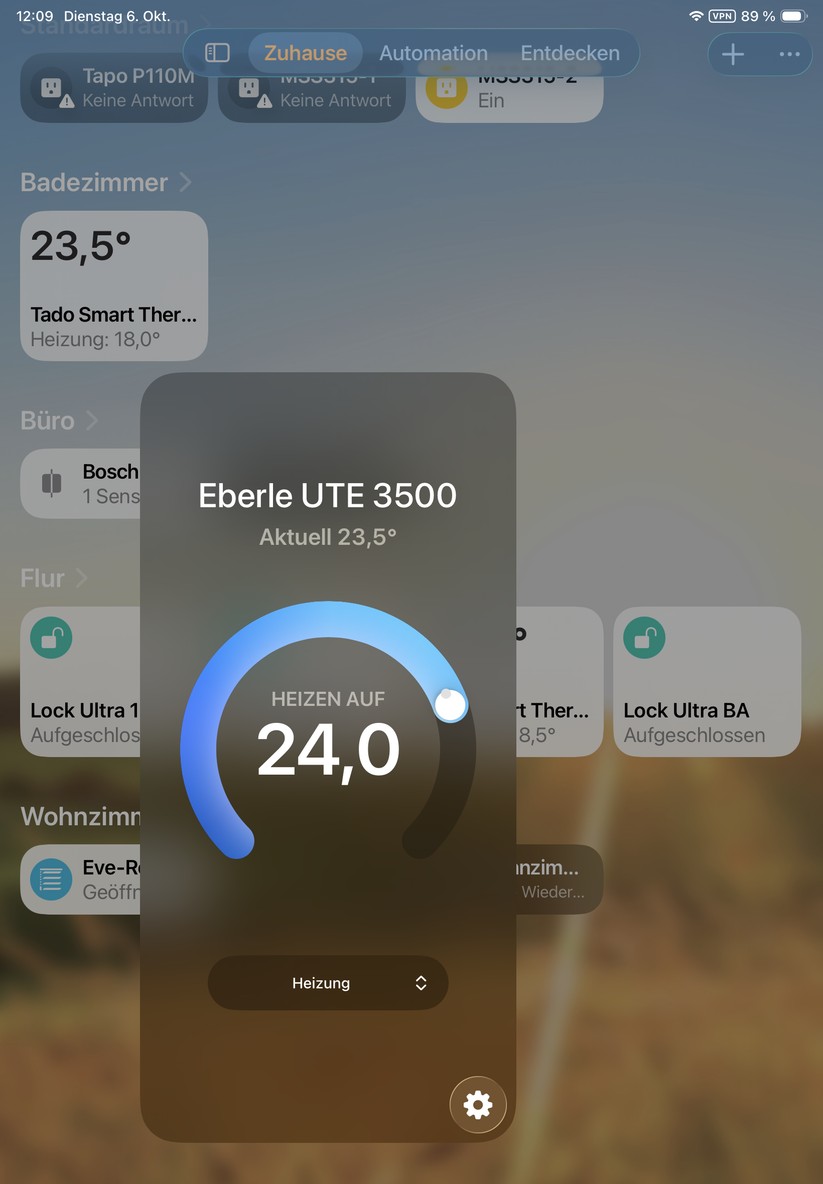 Das Eberle UTE-3500 lässt sich auch mit Apple Home Steuern. Allerdings wird der Wärmebedarf nicht dargestellt. Diese Daten kann man aber mit Home Assistant abrufen.