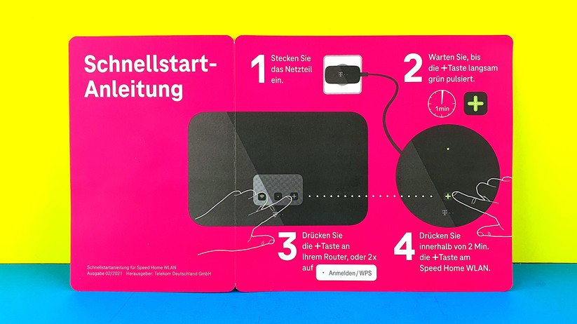 Die Schnellstart-Anleitung beschreibt die Einrichtung als WLAN-Mesh-Repeater hinter einem jüngeren Telekom-WLAN-Modem-Router, etwa dem Telekom Smart 3 oder Smart 4.