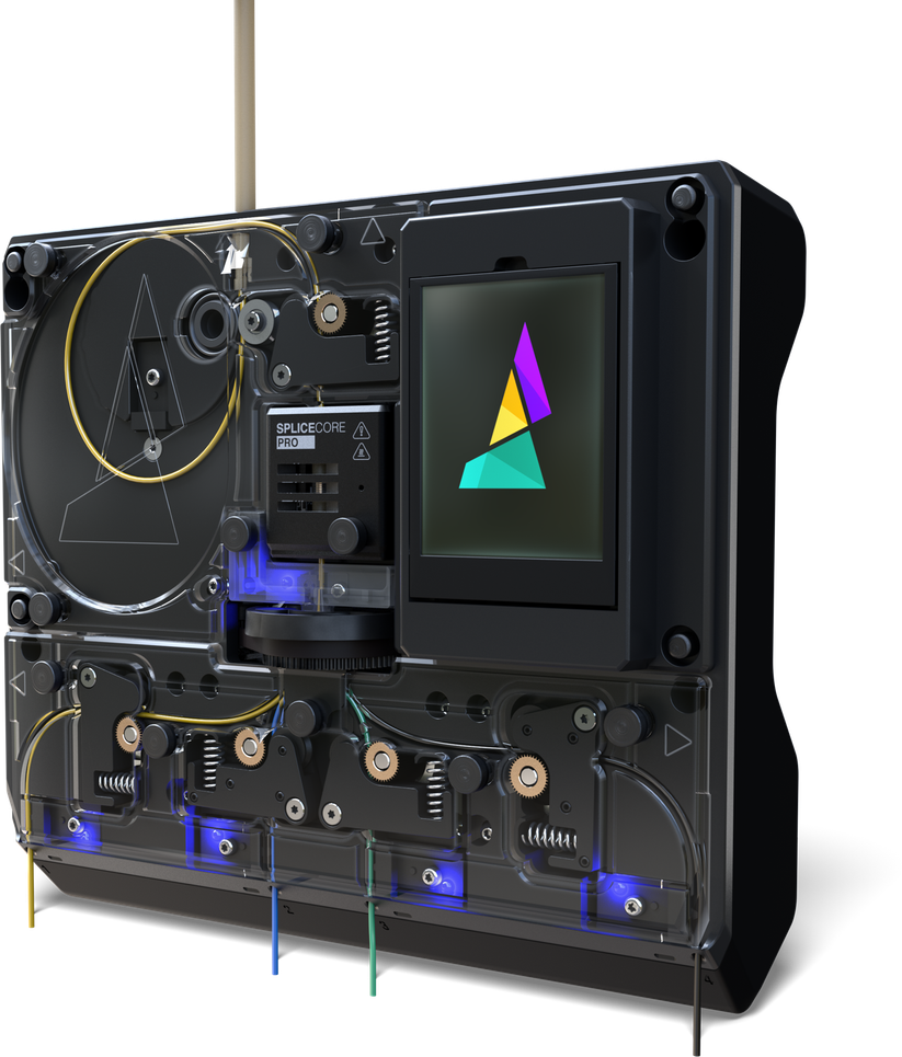 Bei Palette laufen unten vier Filamente rein, die passen geschnitten und zusammengefügt werden. Nach oben wird das fertige Ergebnis zum Drucker ausgegeben.