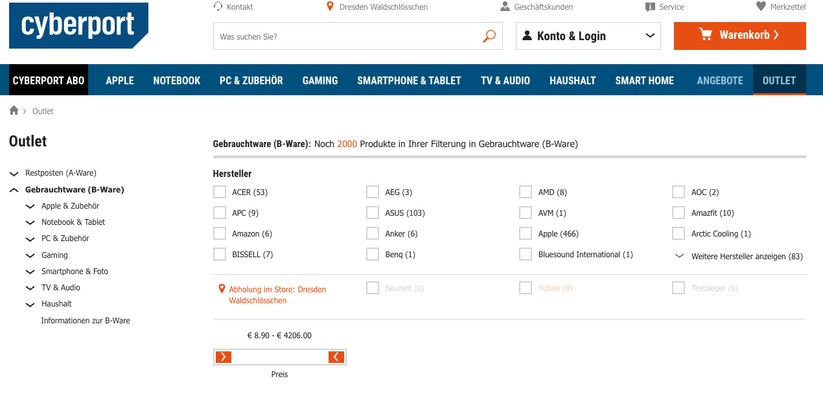 Viele Produkte, viele Details – so präsentiert sich der Refurbished-Shop von Cyberport.