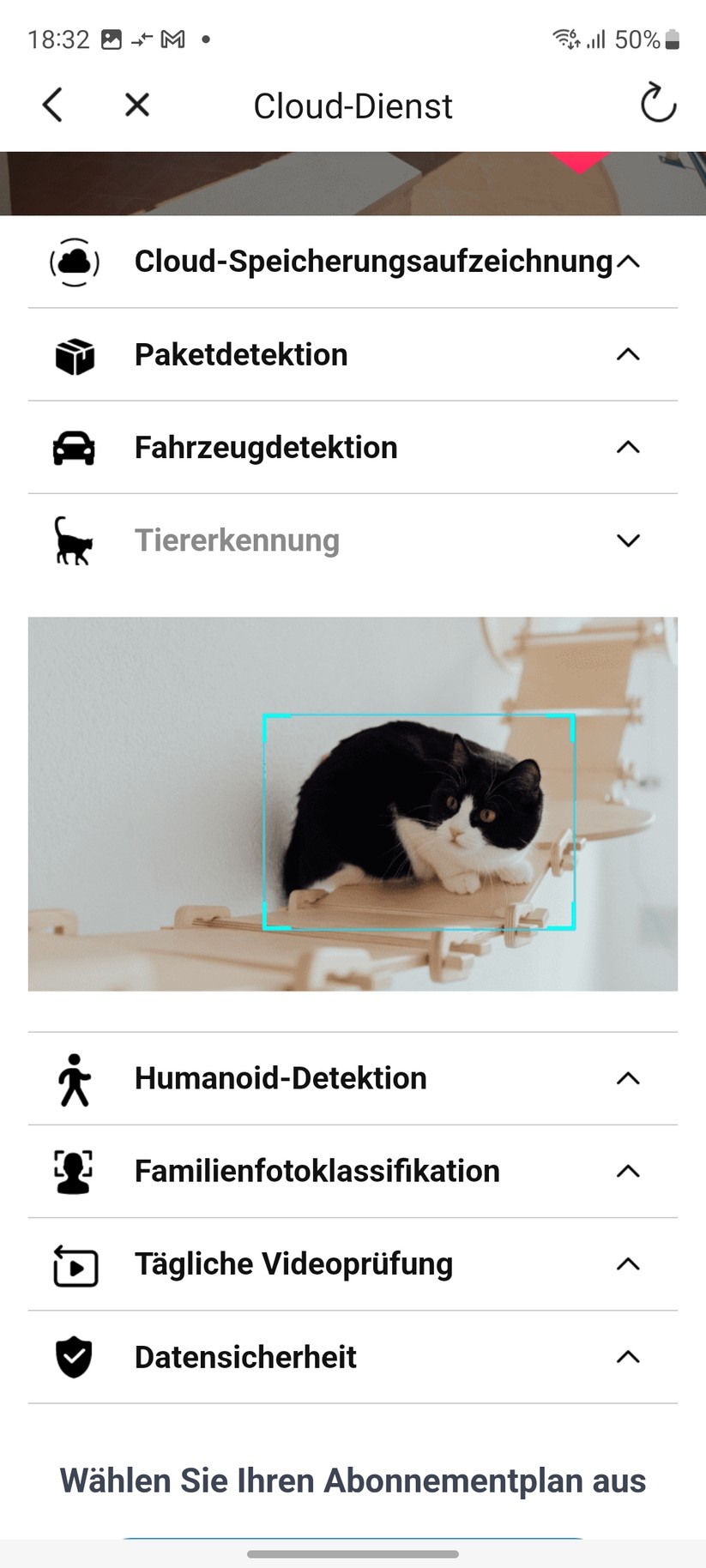 Foscam C5M 3K: Standardmäßig erkennt die Überwachungskamera Personen und Tiere. Weitere Erkennungsfunktionen bietet das kostenpflichtige Cloud-Abo.