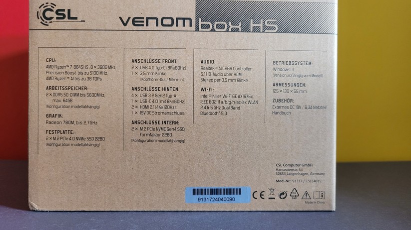 CSL Venom Box: Leiser Mini-PC mit Ryzen 7 8845HS mit bis zu 96 GByte RAM und 8 TB SSD