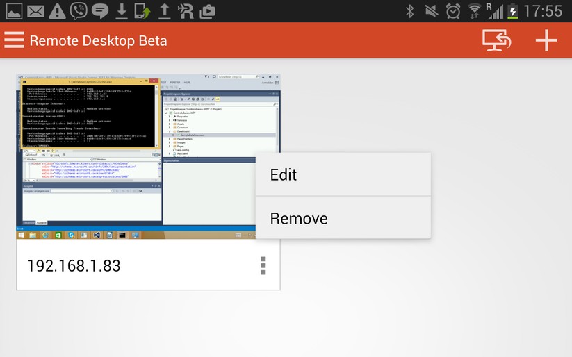 Hier ist noch einmal die App zu sehen. Die aktivierte Verbindung zum Windows-Rechner wird nicht im Vollbild dargestellt. 