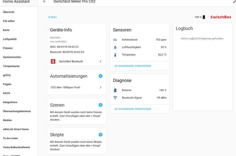 Switchbot Meter Pro CO₂: In Verbindung mit einem Switchbot-Hub kann das Gerät auch in Smart-Home-Systemen wie Homey Pro und Home Assistant für Automatisierungen genutzt werden. 