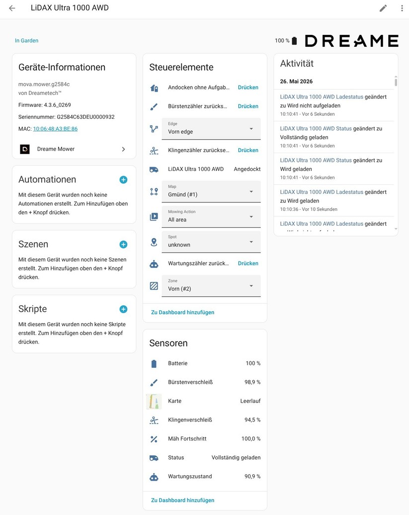 Die Geräteseite in Home Assistant bündelt Steuerung, Batteriestand, Sitzungsdaten und Statusmeldungen.