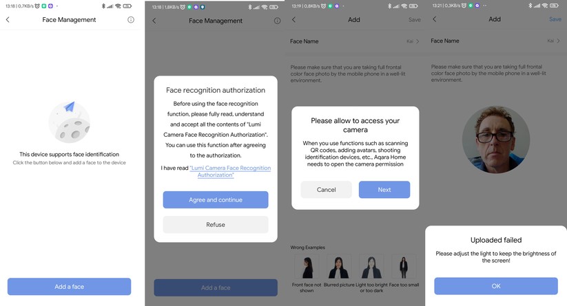 Aqara G3: Um die Gesichtserkennung nutzen zu können, muss man den Lizenzbedingungen zustimmen. Das Bild des Gesichts, das die Kamera als Referenzbild für die Gesichtserkennung nutzt, muss gut ausgeleuchtet sein. Andernfalls wird das Bild nicht verwendet.