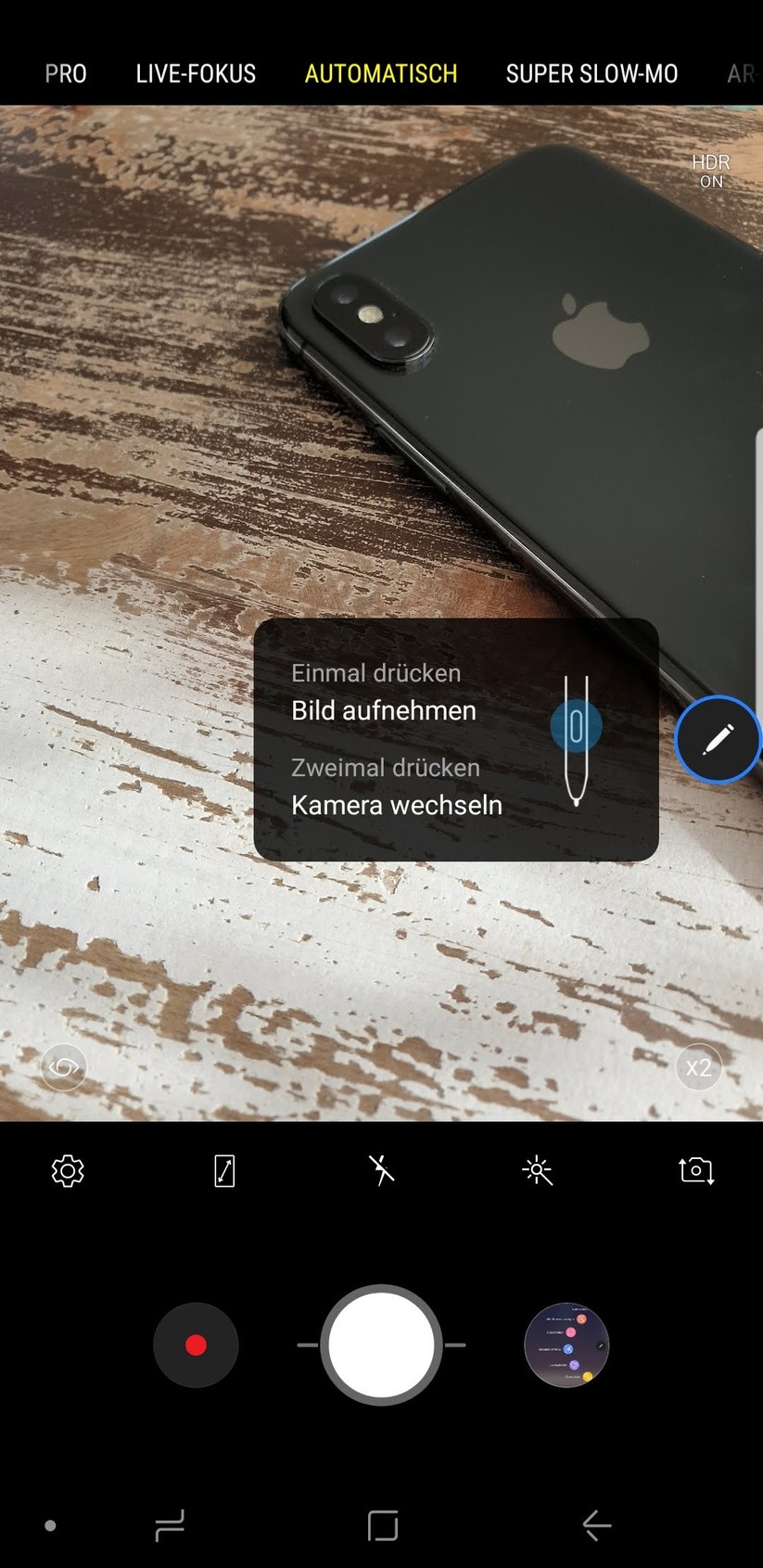 Instruktionen wie die Kamera auf das Drücken der S-Pen-Taste reagiert