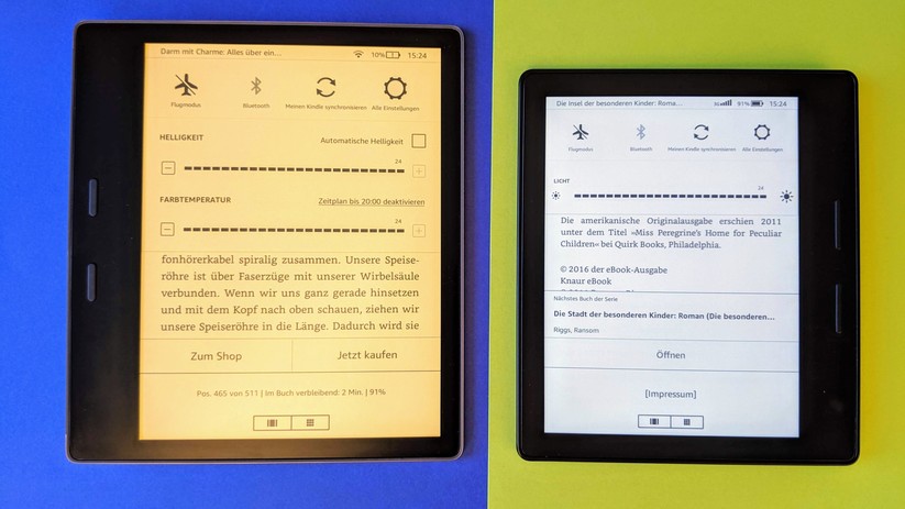 Die warmweiße Hintergrundbeleuchtung beim Kindle Oasis auf der linken Seite ist neu. 