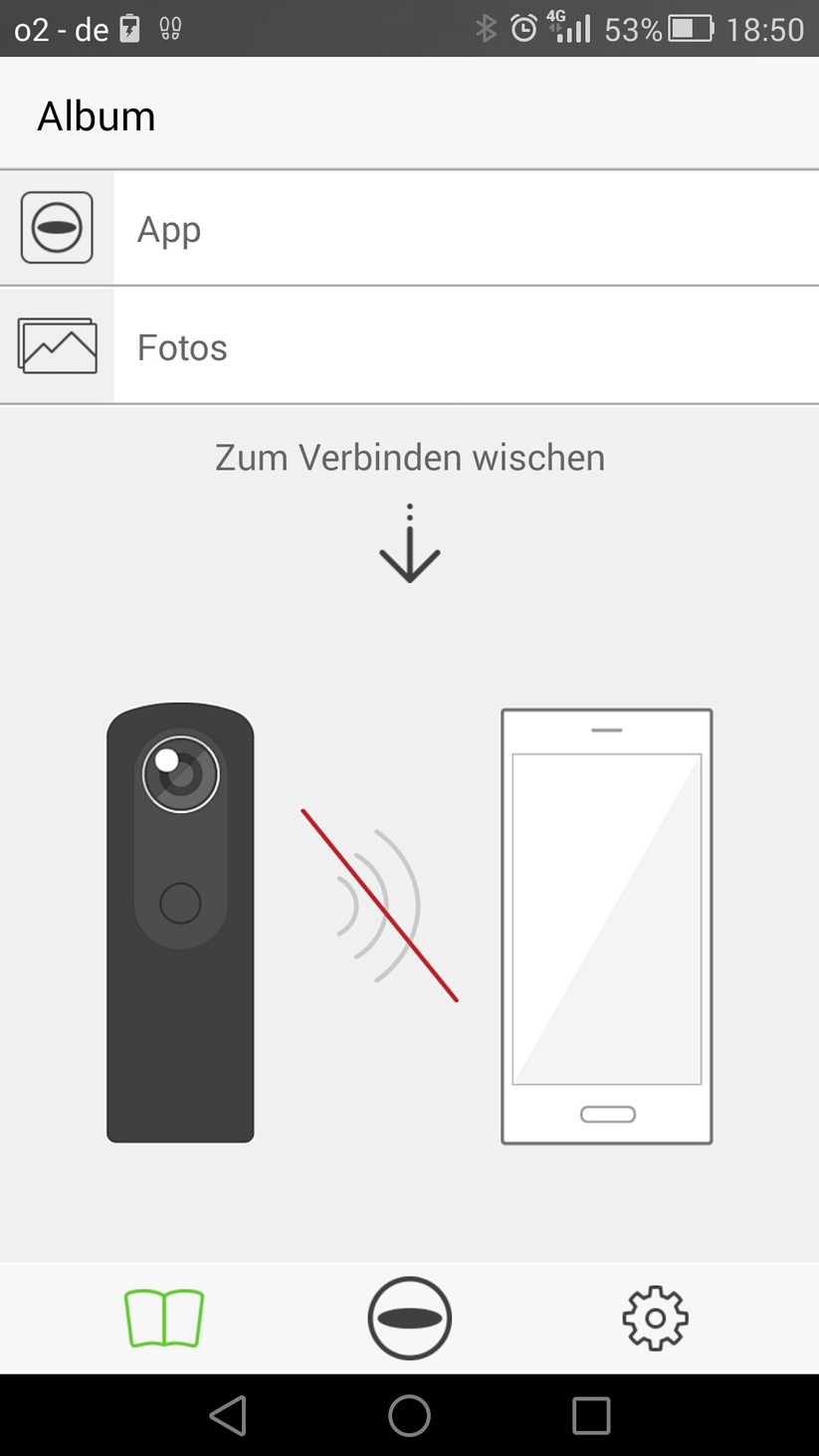 Die App ist in drei Tabs aufgeteilt, zwischen denen der Nutzer mit den Icons im unteren Bildrand wechselt. Das „Buch“ steht für die Galerie, das „Theta-Symbol“ für den Aufnahmemodus und das „Zahnrad“ für die Einstellungen.