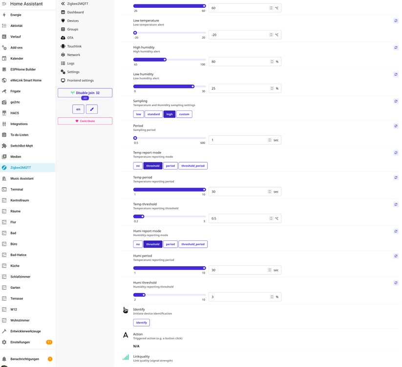 Mit Zigbee stehen auch unter Home Assistant nahezu sämtliche Funktionen des Thermostats zur Verfügung, die es in Kombination mit dem Aqara-Hub M3 bietet. Allerdings ist die Konfiguration etwas aufwendiger. Das Gleiche gilt für den Climate Sensor W100.