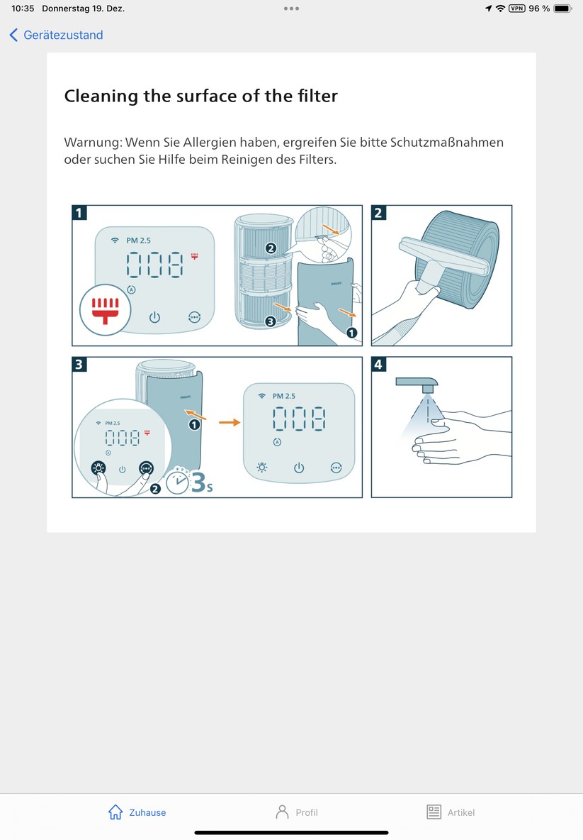 Mit der App Air+ können Anwender den Philips-Lufteiniger nicht nur einfach steuern und Zeitpläne anlegen. Sie bietet auch Informationen zur Funktionsweise des Geräts und zur Luftqualität. Außerdem integriert sie das Benutzerhandbuch und erläutert die Vorgehensweise für Reinigung und Austausch der Filter. 