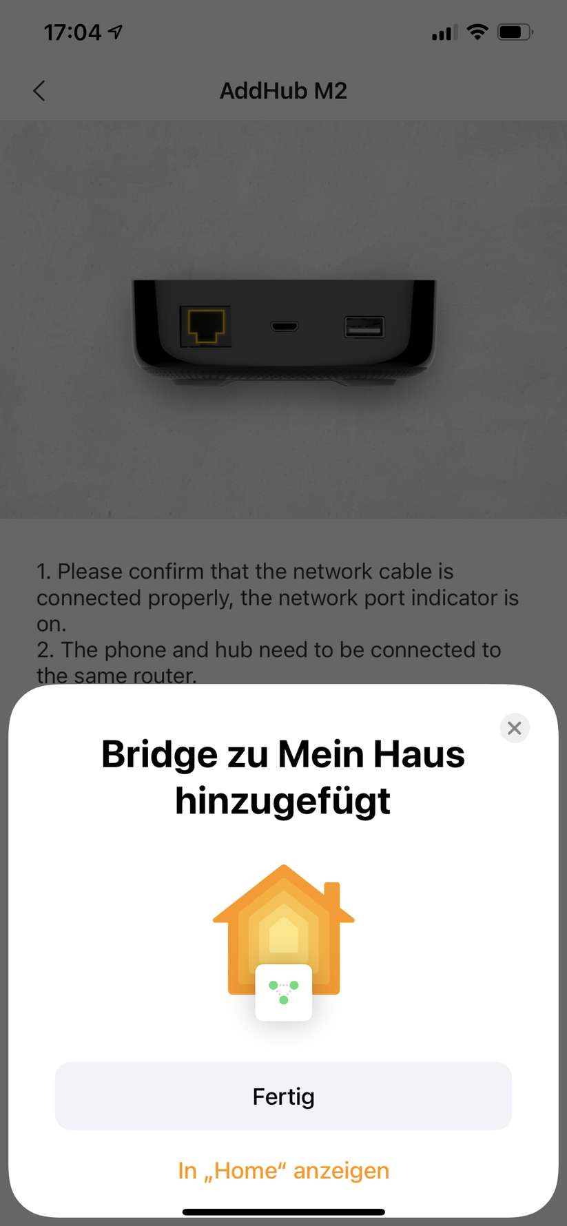 Die Einrichtung in Homekit ist nach zwei Minuten beendet.