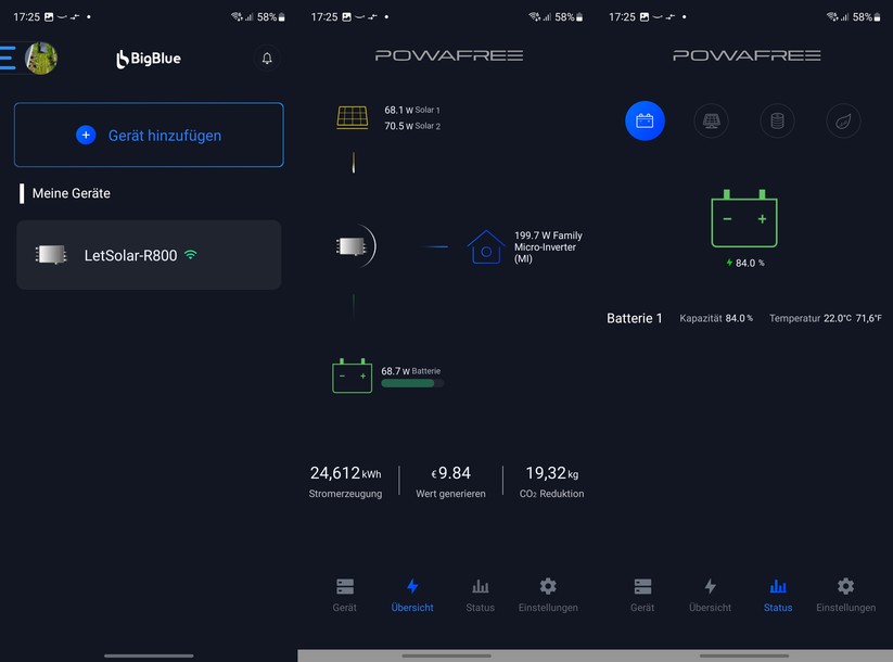 Big Blue Energy Powafree: Die App zeigt den aktuellen Stromfluss, den Status der Batterie und informiert anhand von Verlaufsdaten, wie hoch die Energieproduktion in der Vergangenheit ausgefallen ist.