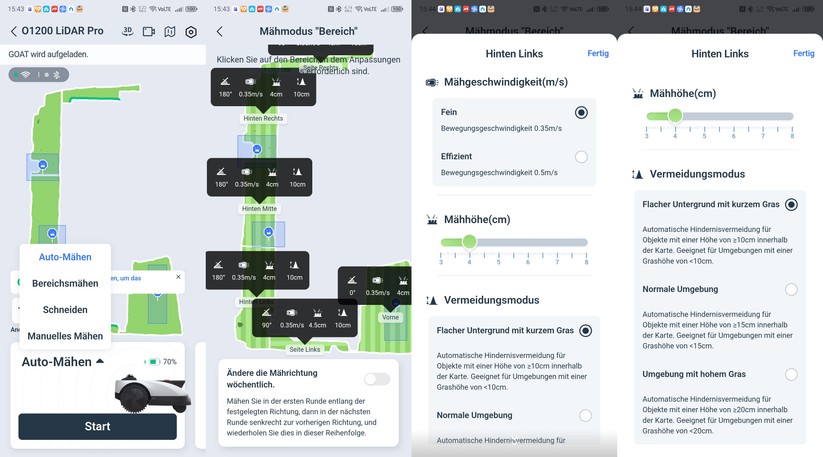Die App ist übersichtlich und unterstützt auch ein manuelles Mähen, bei dem der Nutzer den Mähroboter wie bei der Kartierung per Cursor-Taste steuert. Mäheinstellungen lassen sich pro Zone festlegen.