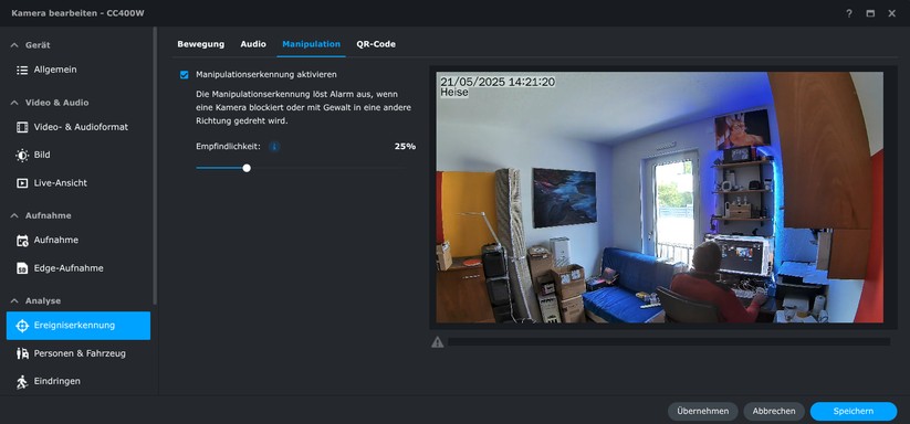 Synology CC400W: Die KI-Überwachungskamera bietet zahlreiche Einstellungsmöglichkeiten. Dazu zählen neben der typischen Erkennung von Personen und Fahrzeugen auch die Möglichkeit, diese zählen zu lassen. Die Bildqualität tagsüber geht in Ordnung. Dank HDR bietet sie ein ausgewogenes Bild. Bilder bei Dunkelheit sind aber nur mittelnäßig.