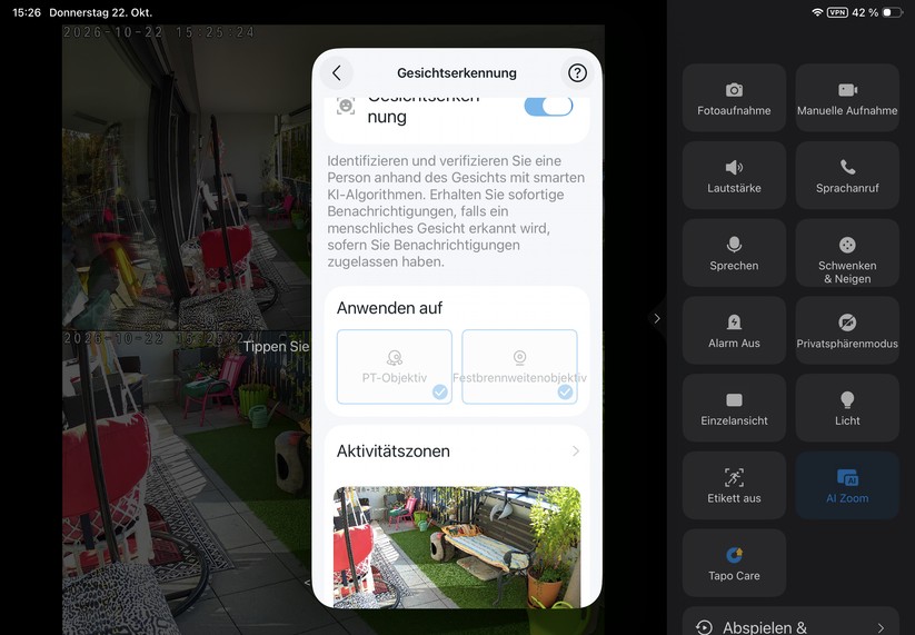 Die Tapo-App ist auch für Tablets optimiert. Sie reagiert zügig und stellt den Kamerastream nahezu verzögerungsfrei dar.