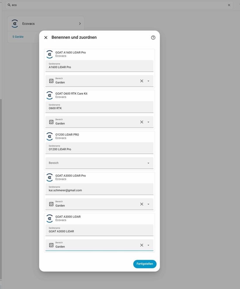 Ecovacs Goat A1600 LiDAR Pro: Die Integration in Home Assistant basiert auf der Ecovacs-Cloud.