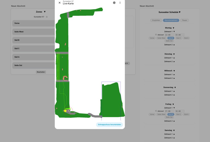 Inzwischen steht auch eine Community-Integration für Home Assistant (Bestenliste) zur Verfügung, mit der man den Sunseeker X7 vollständig steuern kann. Dashboard-Vorlagen für Pläne, Kontrolle und Zonen gibt es ebenfalls.