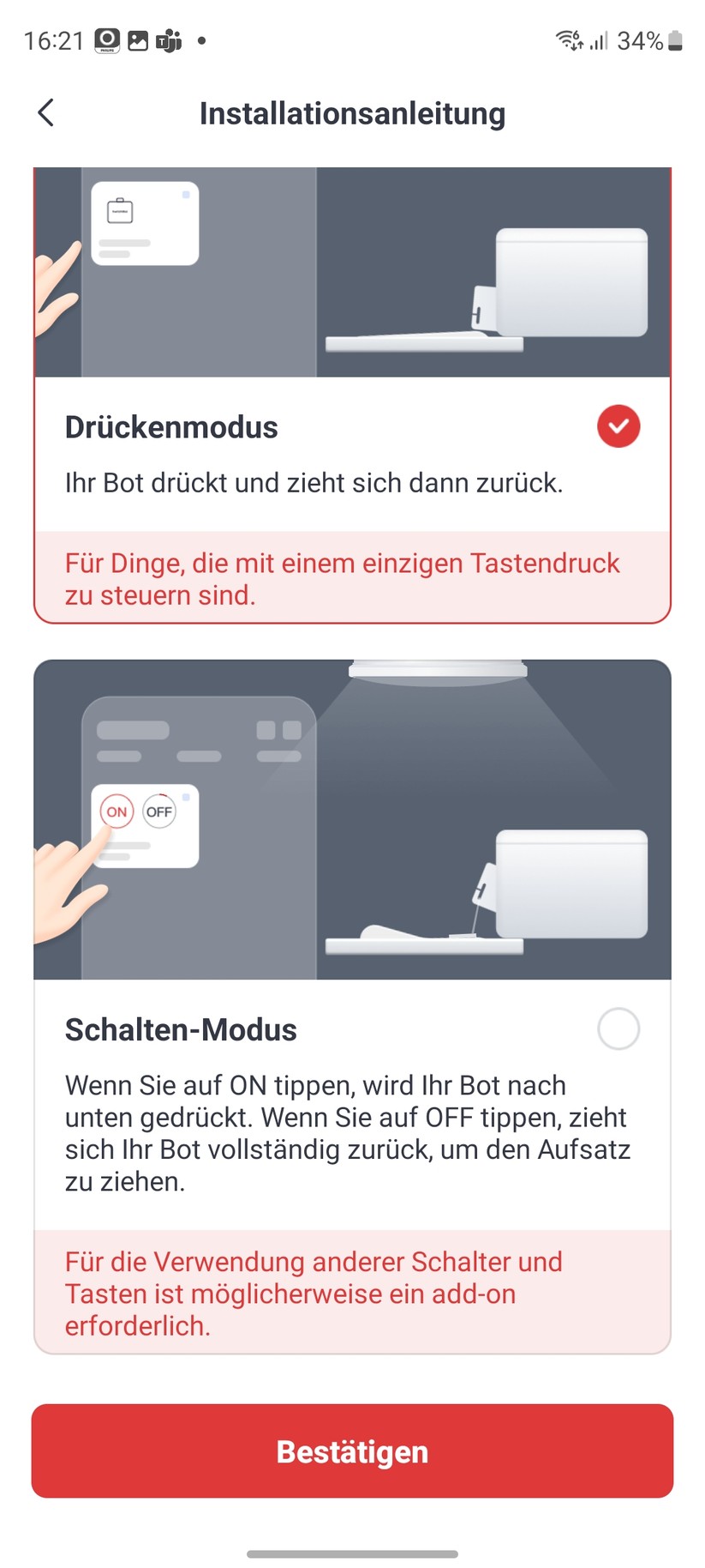 Die Einrichtung der Switchbot-Komponenten erfordert eine Registrierung. Ansonsten ist der Setup-Prozess sehr einfach. Während der Einbindung liefert die App informative Erklärungen, Grafiken und Videos zu den einzelnen Komponenten hinsichtlich Einrichtung, Konfiguration und Betrieb. Vorbildlich.