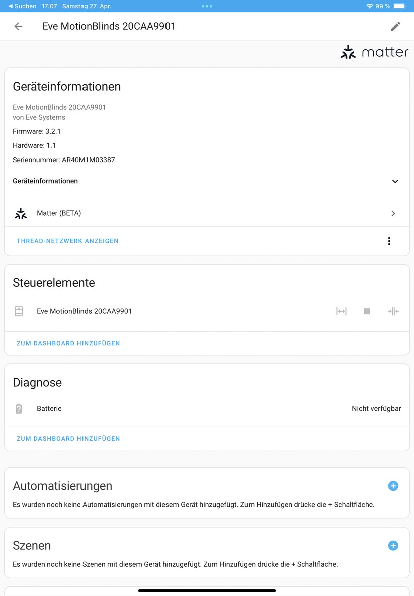 Eve Blinds Collection: Über Apple Home verbinden wir per Matter das Rollo auch mit Home Assistant. Damit lassen sich smarte Automatisierungen, etwa auf Basis eines Helligkeitssensors erstellen.