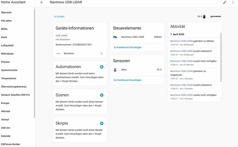 Die inoffizielle Integration für Home Assistant bietet nur wenige Möglichkeiten. Eine Integration von Zeitplänen und Karten wie bei Mammotion oder Sunseeker gibt es für den Navimow nicht.