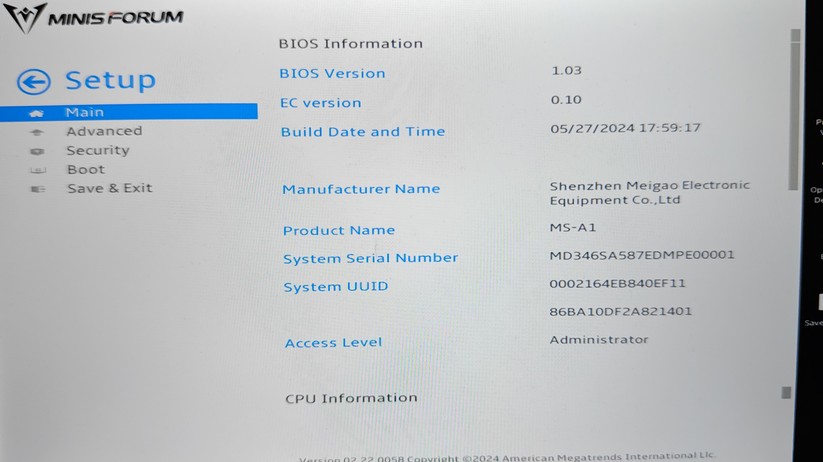 Minisforum MS-A1: Bios