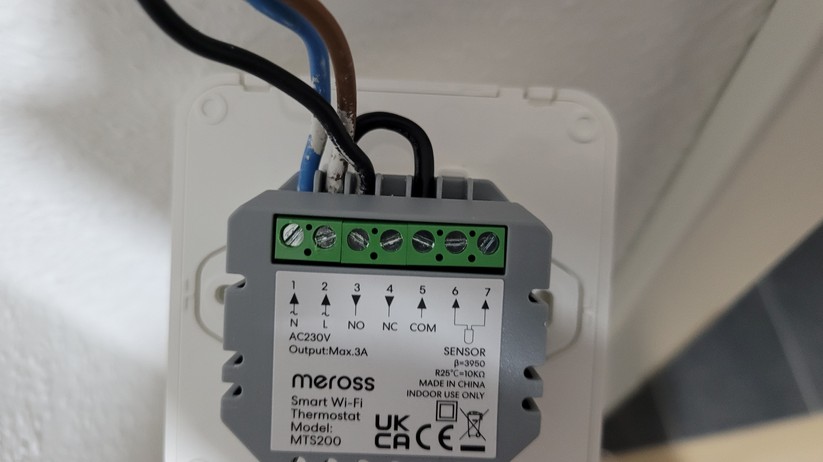 Meross MTS200B: So sieht die Verdrahtung aus, wenn ein analoges Thermostat mit Normally Closed-Stellantrieb ersetzt werden soll.