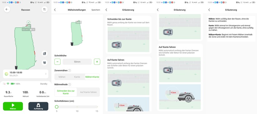 Roboup Raccoon 2 SE: Über die App können Anwender die Schnitthöhe einstellen und die Kantenmähmodus steuern.