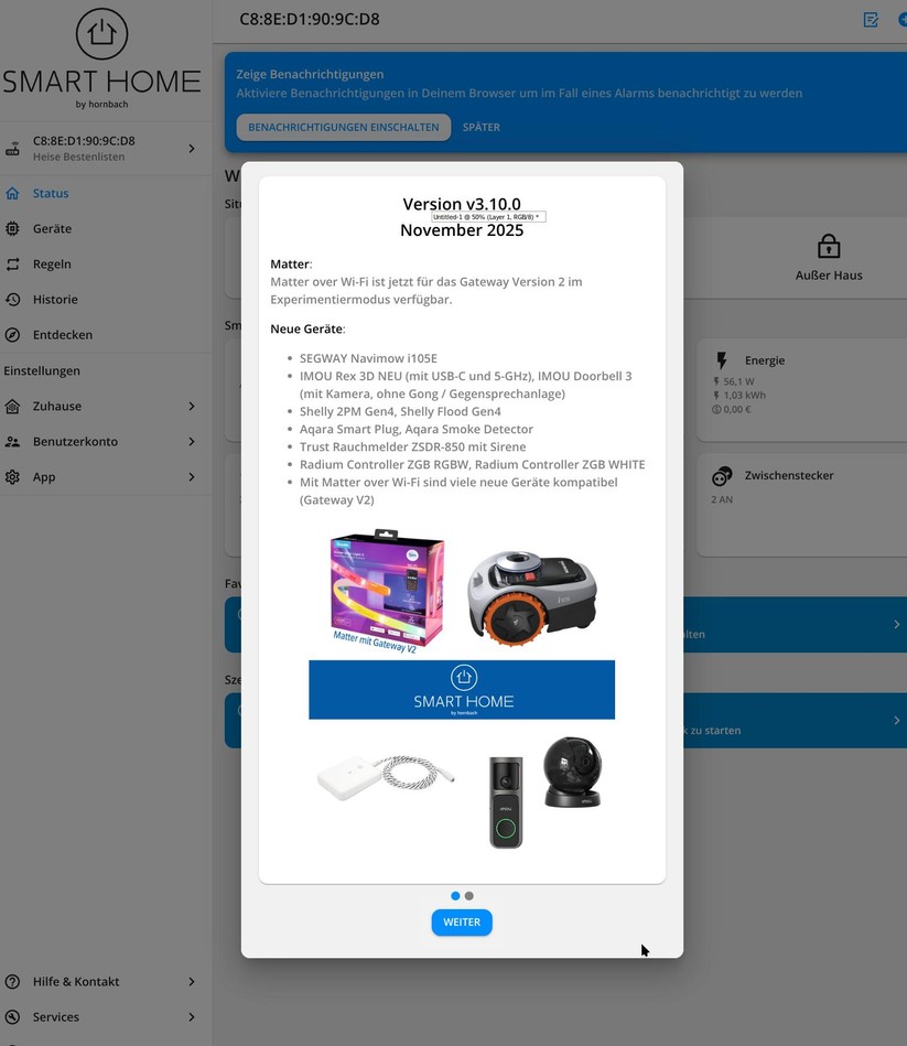 Über smarthomebyhornbach.com können Anwender ihr Smart Home bequem vom Desktop aus verwalten. Die Web-Oberfläche bietet die gleichen Funktionen wie die App.