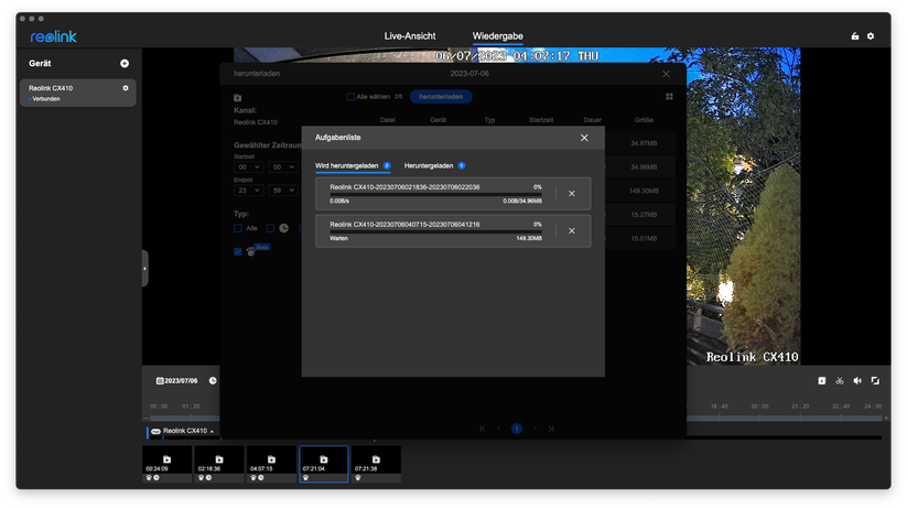 Reolink CX410: Download von aufgezeichneten Videos
