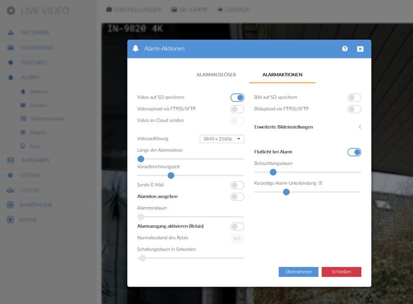Instar IN-9820 4K: Die Steuerung der Überwachungskamera gelingt mit App oder Browser. Zudem kann sie auch in Smart-Home-Zentralen wie Home Assistant (Onvif, MQTT) und Drittherstellerlösungen wie Synology Surveillance Station eingebunden werden.
