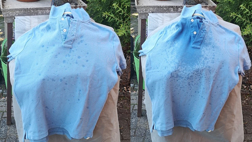 Links das Shirt nach einem kurzen Beschuss mit einem günstigen Blaster; Rechts das gleiche Shirt nach einem Treffer mit der Spyra Two.